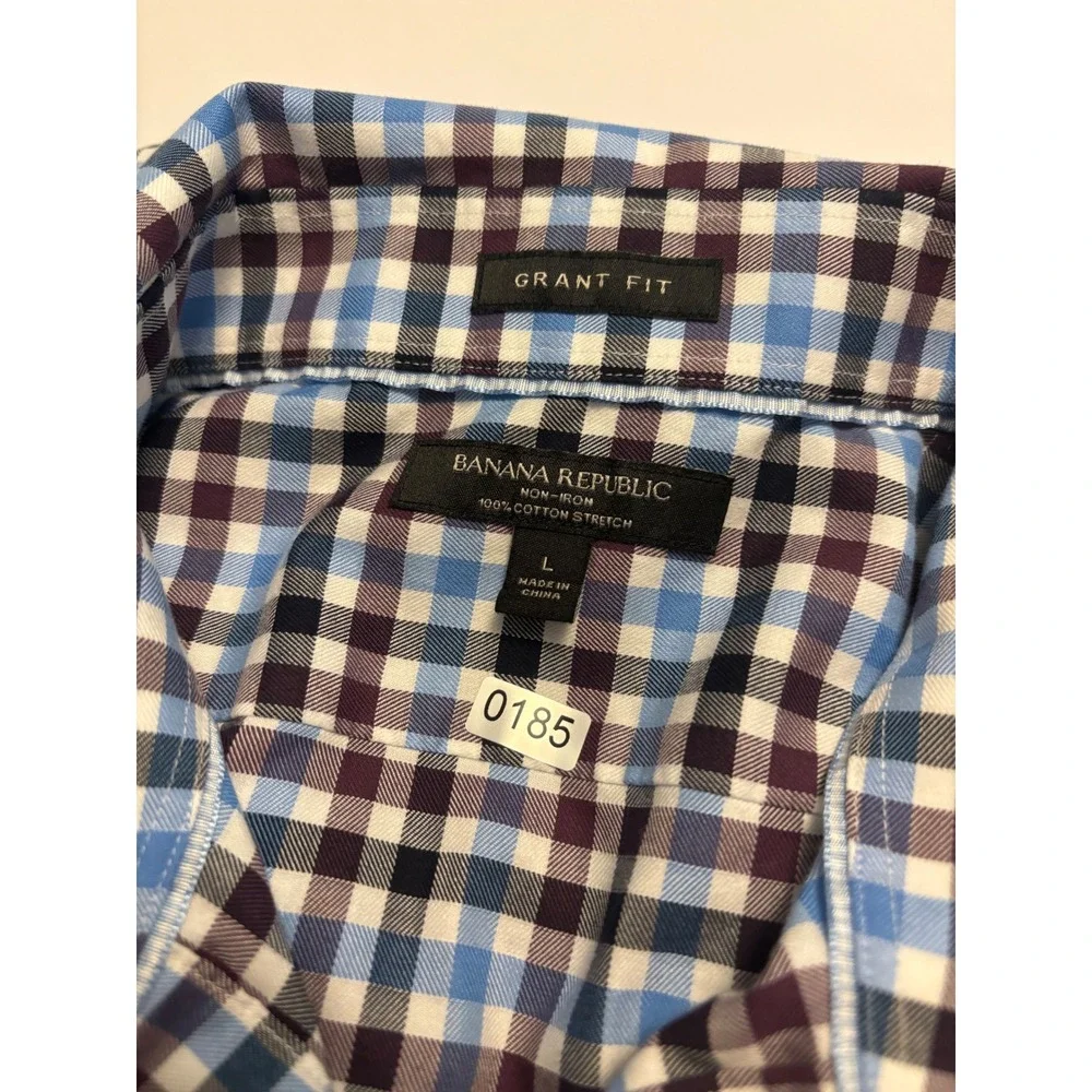 Banana Republic Button Down Mens Large Blue Gingham Grant Fit Non-Iron Stretch